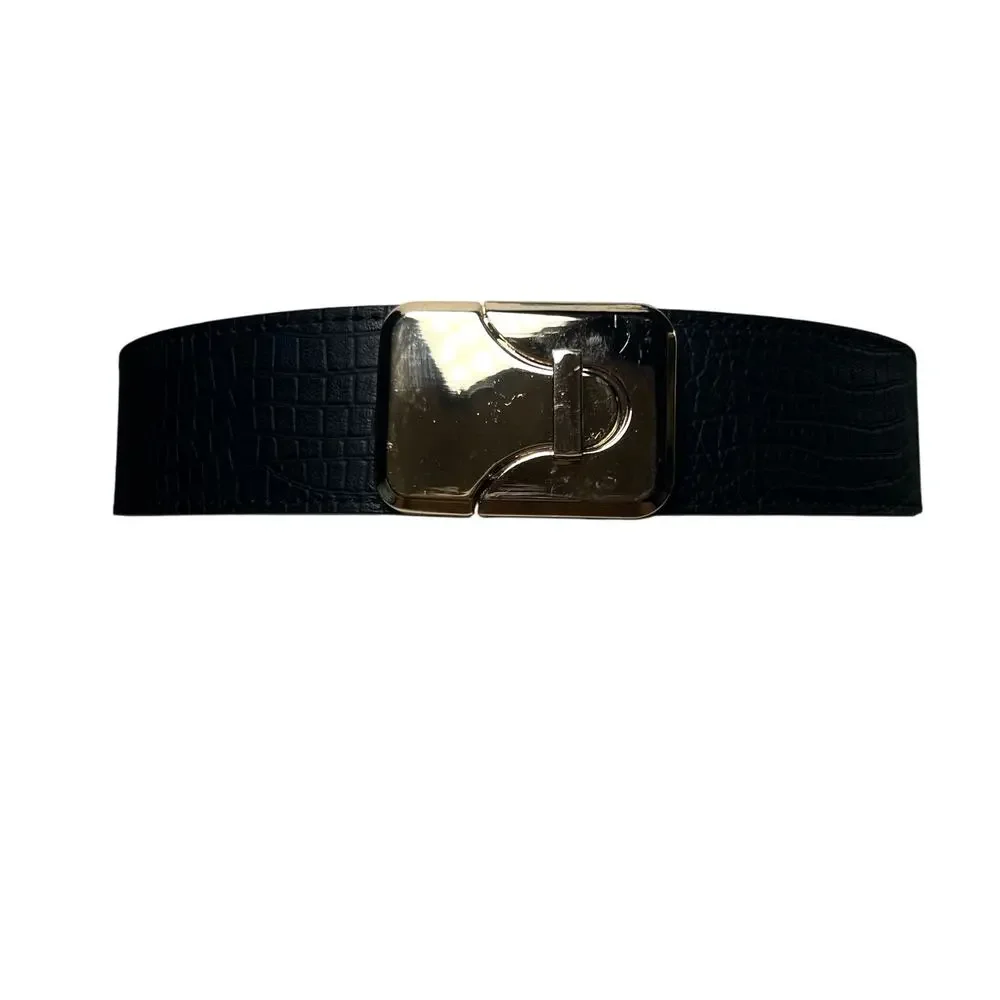 Vintage 90s Sz Small Gold Twist Lock Buckle Stretch Belt Black Faux Leather